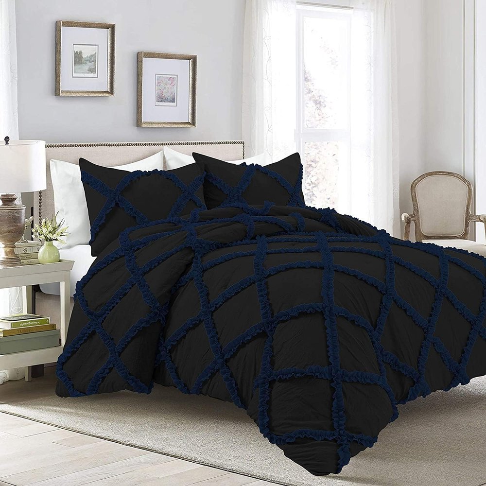 400 Thread Count Two-Tone Diamond Ruffle Duvet/Comforter Cover 3PC Set, 100% Egyptian Cotton Quilt Covers & Pillowcases, Soft and Shaggy Bedding Set - Navy Blue/Black Solid, King Size.