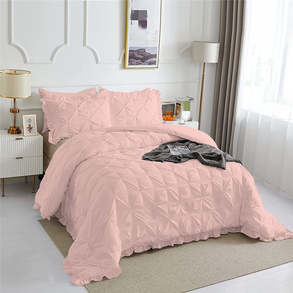 3 Piece Pinch Pleated Ruffle Comforter Set Premium Super Soft | 600 GSM All Season Pintuck | 1000 Thread Count | 100% Egyptian Cotton (Oversized Super King Size Blush Color)