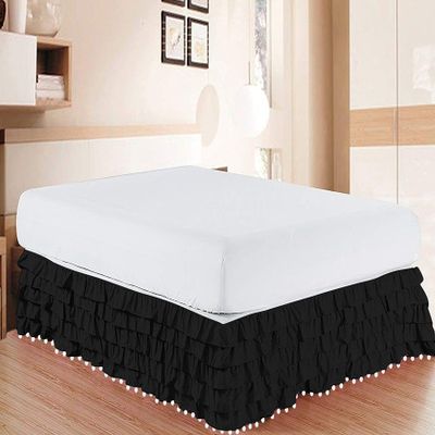 International Sheets Luxury Pom Pom Multi Ruffle BedSkirt 100% Egyptian Cotton 1000 Thread Count, Top-Knot Tassle Pompom Fringe White Solid Pattern, 18 Inch Drop Olympic Queen Size, Black Solid