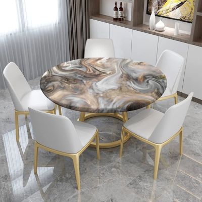 Marble Fitted Round Tablecloth, Elastic Edged Table Cover for Indoor Outdoor, Retro Style Watercolor Fabric Tablecloths for 40"-44" Table, Sand Brown Light Grey