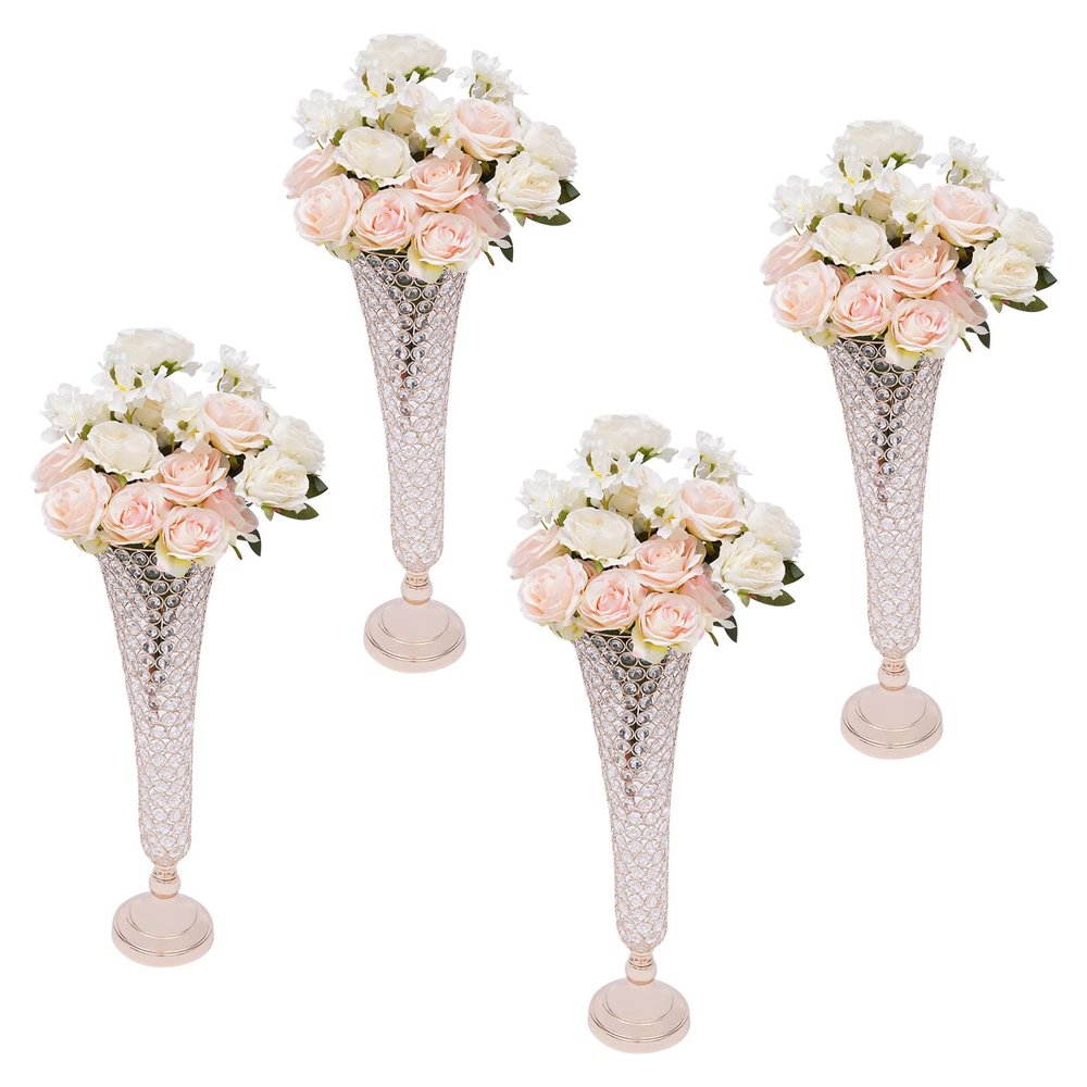 Fichiouy 2/4PCS Crystal Wedding Flower Vase for Flowers, Crystals Floral Vase Stand Table Decorative Centerpiece Dinner Anniversary Ceremony Party Gold/Silver (Gold 4PCS)