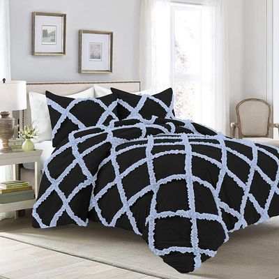 400 Thread Count Two-Tone Diamond Ruffle Duvet/Comforter Cover 3PC Set, 100% Egyptian Cotton Quilt Covers & Pillowcases, Soft and Shaggy Bedding Set - Light Blue/Black Solid, Oversize King Plus Size.
