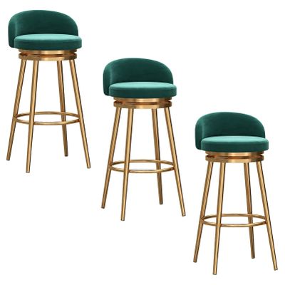 IBOWZ Bar Stools Dining Chair Bar stools Set of 3 Velvet Upholstered Seat Counter Height Stool with Backrest & Armrest Gold Metal Legs for Counter Breakfast Chairs Kitchen