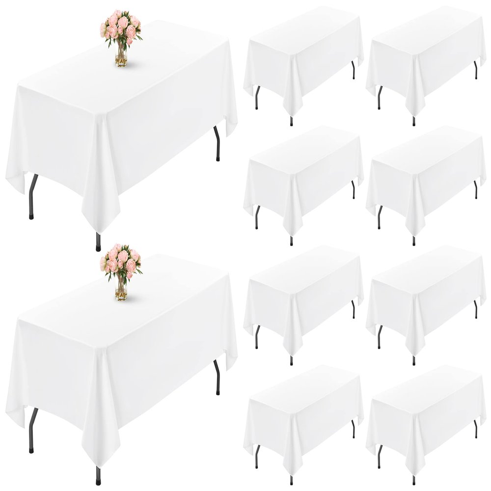 White Rectangle Tablecloth 60 x 102 Inch for 6 Foot Table, Wrinkle Resistant Washable Polyester Table Cover for Wedding Dining Table Buffet Parties and Camping, 10 Pack