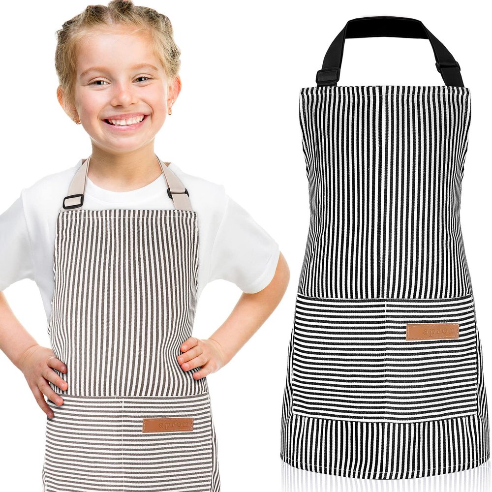 Jiuguva 2 Pcs Kids Apron Adjustable Cotton Toddler Cooking Stripe Chef Apron with 2 Pockets for Children Baking(Black, Brown)