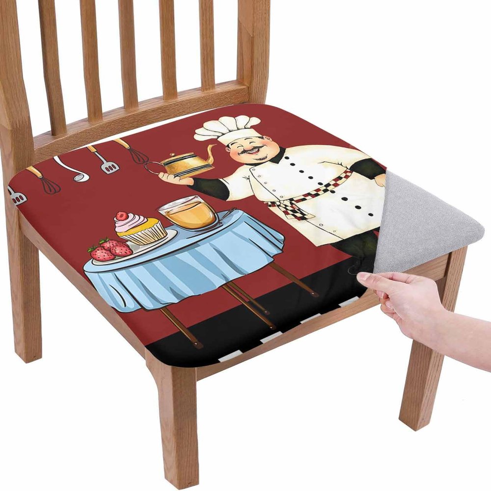 Farmhouse Cartoon Fat Chef Seat Covers for Dining Room Chairs Covers, Office Chair Seat Cover, Retro Black White Plaid Chair Slipcovers Stretch Cushion Protector for Kitchen Banquet Set of 2
