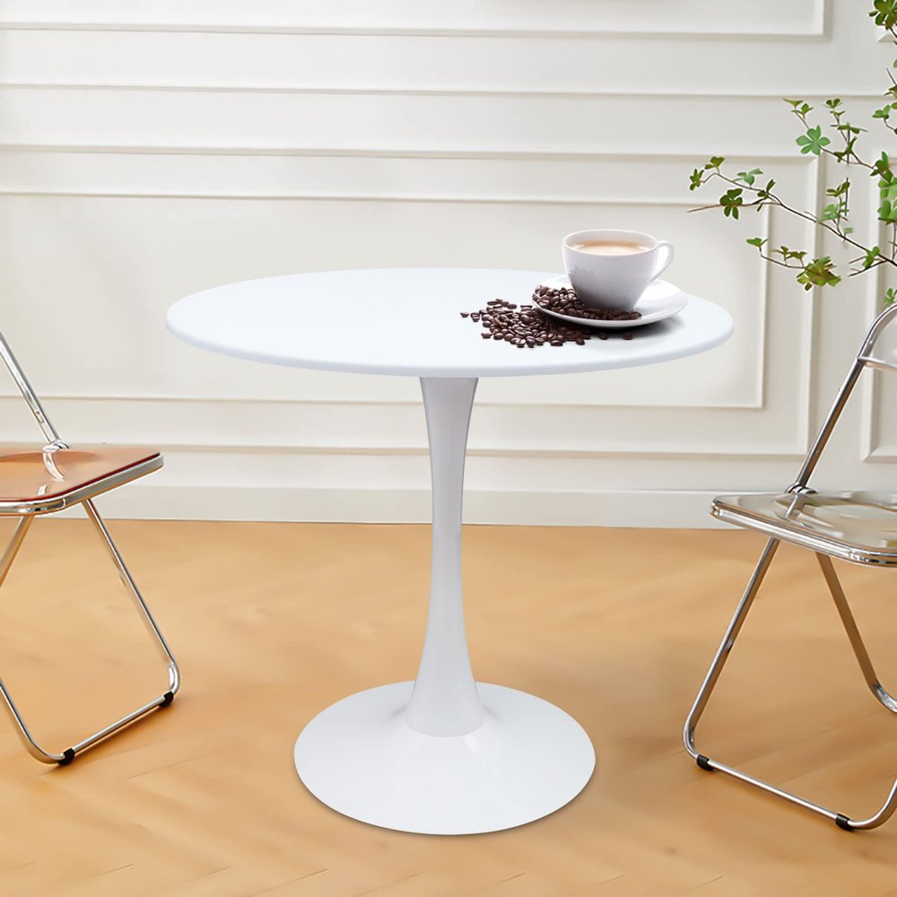 31.5 Inch Dining Table White Modern Round Table Tulip Kitchen Table Leisure Coffee Table with MDF Top and Metal Base for Kitchen Living Room Coffee Shop