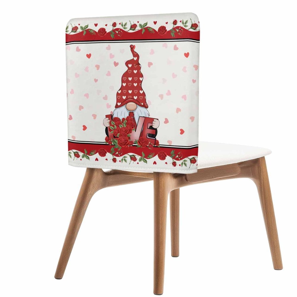 Dining Chair Back Covers, Valentine's Day Gnome Rose Floral Print Anniversary Wedding Decoration Chair Covers Chair Slipcovers Protective Covers for Holiday Party Festival Decoration, Set of 8
