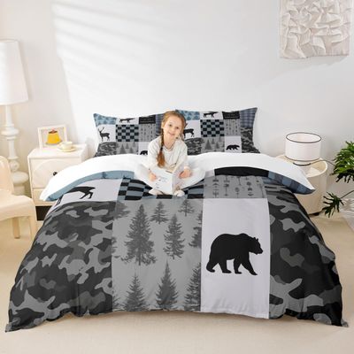 Camo Geometric Grids Plaids Kids Duvet Cover Set King Size,Boys Girls Adults Cabin Decor,Deer Moose Bear Animals Comforter Cover,Boho Arrows Pine Trees Bedding Set,Rustic Quilt Cover,2 Pillowcases