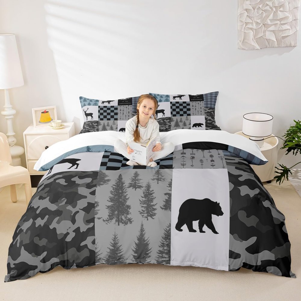 Camo Geometric Grids Plaids Kids Duvet Cover Set King Size,Boys Girls Adults Cabin Decor,Deer Moose Bear Animals Comforter Cover,Boho Arrows Pine Trees Bedding Set,Rustic Quilt Cover,2 Pillowcases