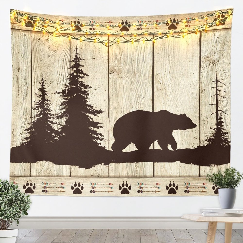 Bear Silhouette Kids Tapestry,Boys Girls Adults Cabin Decor,Pine Trees Old Wooden Plank Retro Wall Tapestries,Boho Arrows Paws Wall Hanging,Brown Rustic Home Wall Decor,XLarge 70.9 x 92.5 Inches