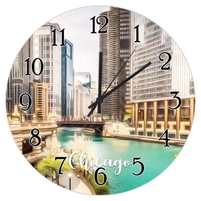 Hanging Wall Clock USA City Chicago Wall Clock Silent Non-Ticking Wall Clocks American Cities in Illinois States Round Clocks City Souvenir Clocks for Home Office 15inch
