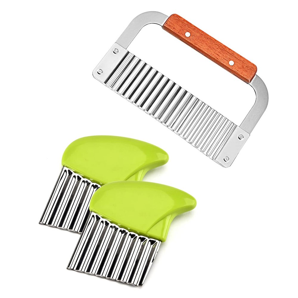 3 Pack Crinkle Cutter Stainless Steel Potato Slicer Heavy Duty Wavy Crinkle Cutting Chopping Tools with Wooden Handle for Carrot Veggies