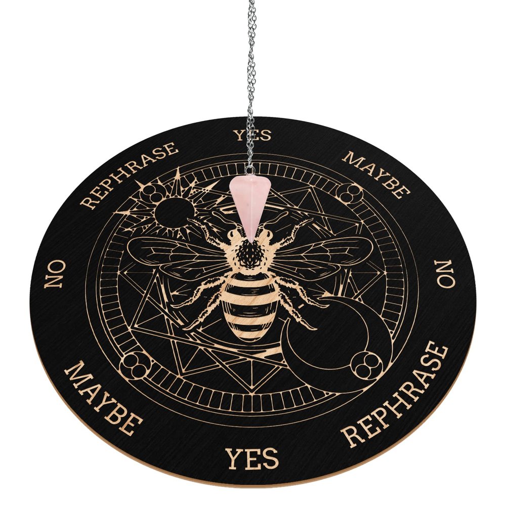 INFUNLY Wooden Pendulum Board 7.9" Bee Magic Circle Witch Dowsing Divination Planchette Board Metaphysical Message Board with Healing Crystal Necklace for Beginners, Witchcraft Altar