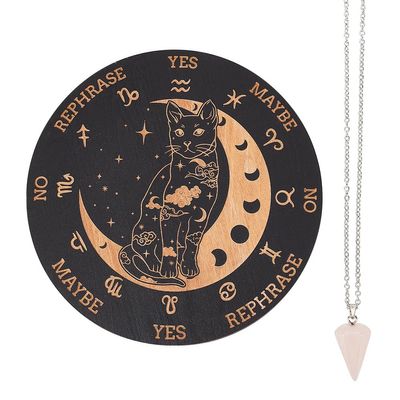 INFUNLY Wooden Pendulum Board 7.9" Cat Moon Witch Dowsing Divination Planchette Board Metaphysical Message Board with Healing Crystal Necklace Witchcraft Wicca Altar Supplies Kit