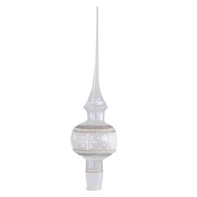 Clear Glass Christmas Tree Topper, Hand Blown 10.5 inch Finial Ornament with Snowflakes, Gift Box Included