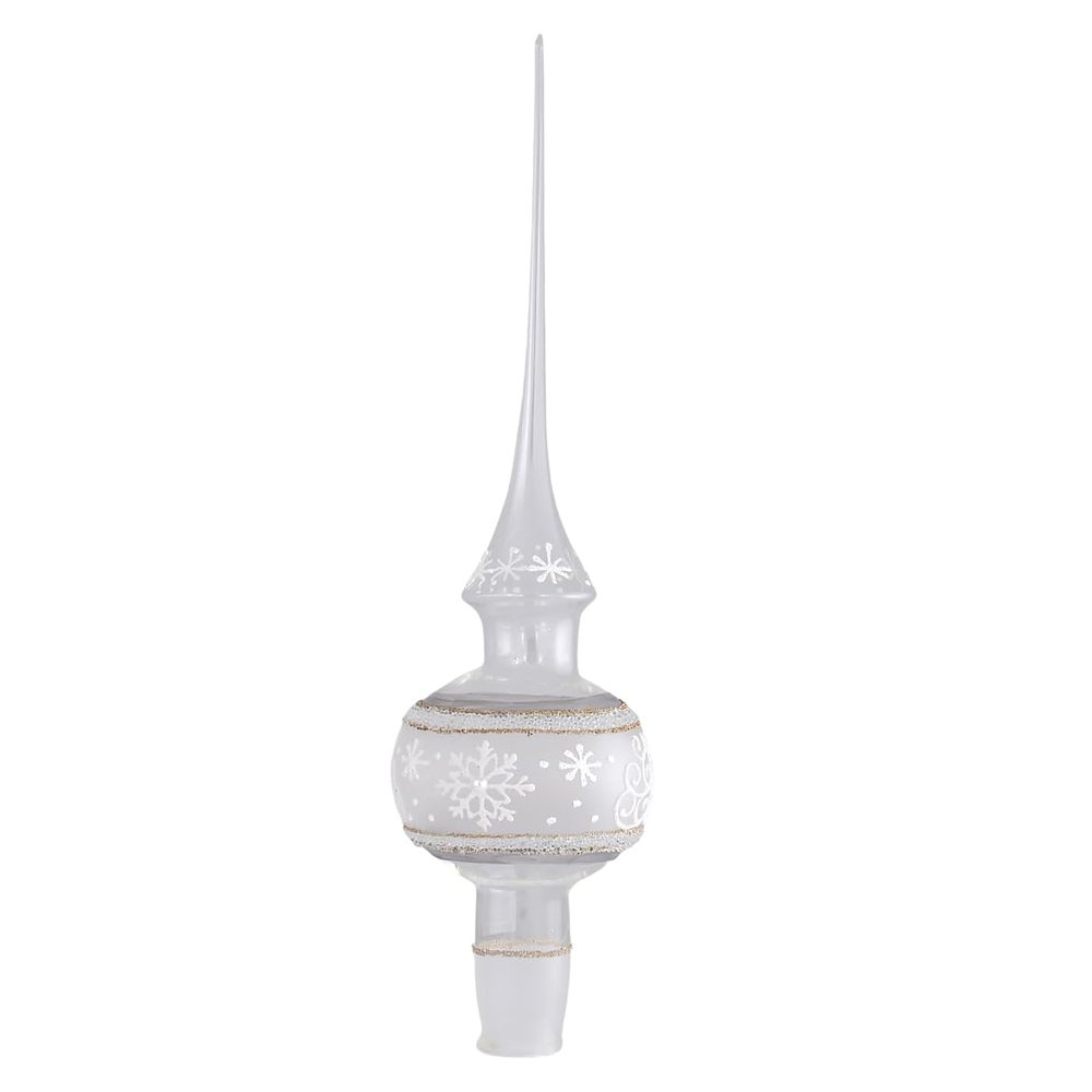 Clear Glass Christmas Tree Topper, Hand Blown 10.5 inch Finial Ornament with Snowflakes, Gift Box Included