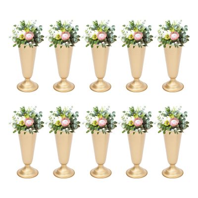 10Pcs Gold Wedding Vase Flowered Metal Trumpet Vase Elegant 9.8" Tall Wedding Centerpieces Artificial Flower Arrangements Vase for Wedding Party Table Anniversary Ceremony Decor