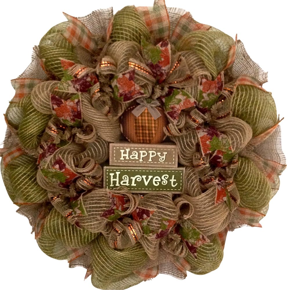 Happy Harvest Burlap Autumn Wreath Handmade. Available in 24 inch and 28 inch diameters