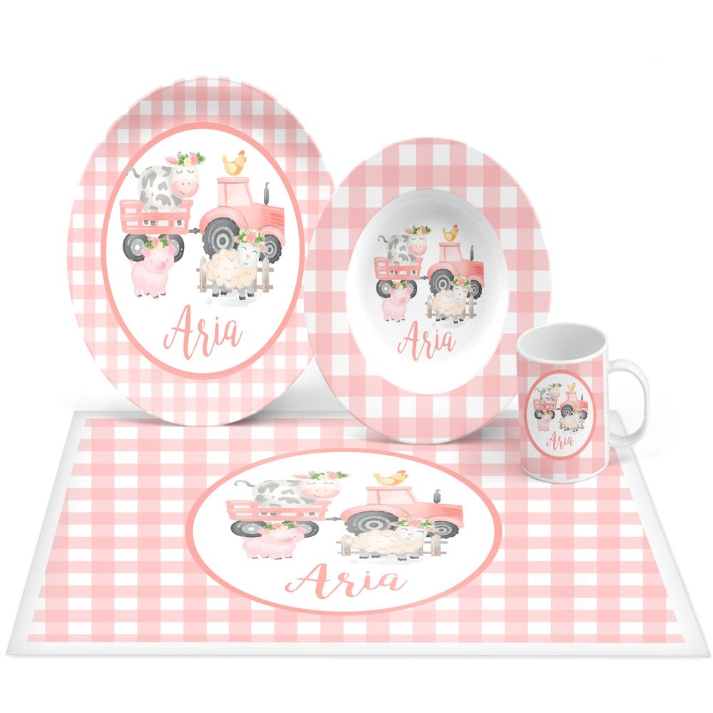 Personalized Pink Watercolor Farm Animals Plate Set, Bowl, Placemat, Mug, Mealtime, Dinner, Dinnerware - Choose Your Pieces