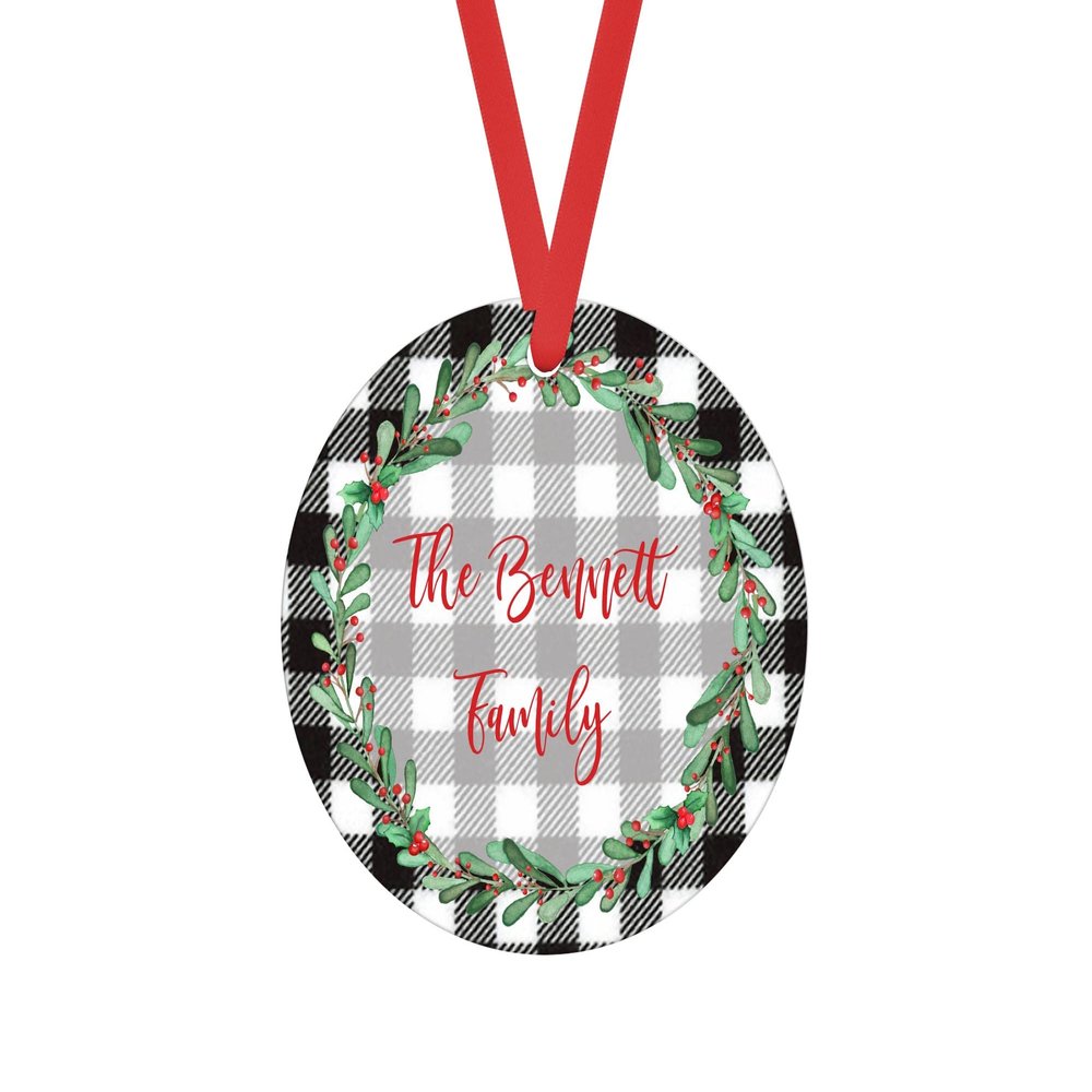 2025 Personalized Red Barn Christmas Ornament Wood Hardboard MDF Custom Gift Stocking Stuffer Handmade by The Painted Pug (Red Barn) (Black White Plaid)