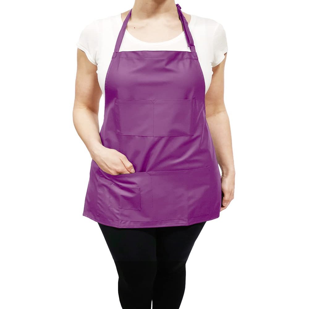CHARLENE Adjustable Short Vinyl Apron with Personalization | Water-Proof, Utility Pockets | Grooming, Stylist | One-Size - Purple