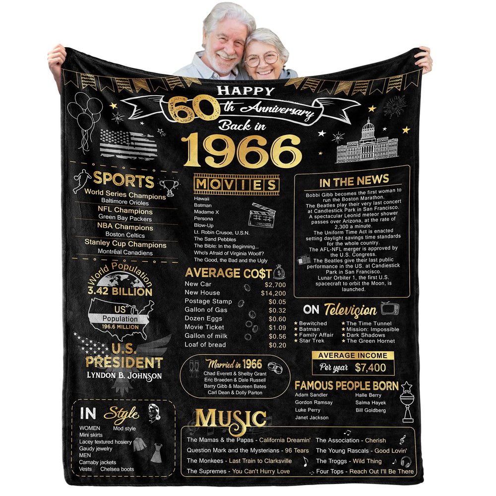 60th Anniversary Blanket Gifts Gift for 60th diamond Wedding Anniversary Sixty Years of Marriage Gifts for Couple Wife Husband Dad Mom Parents Grandpa Grandma Grandparents Back in 1966 Blanket 60x50