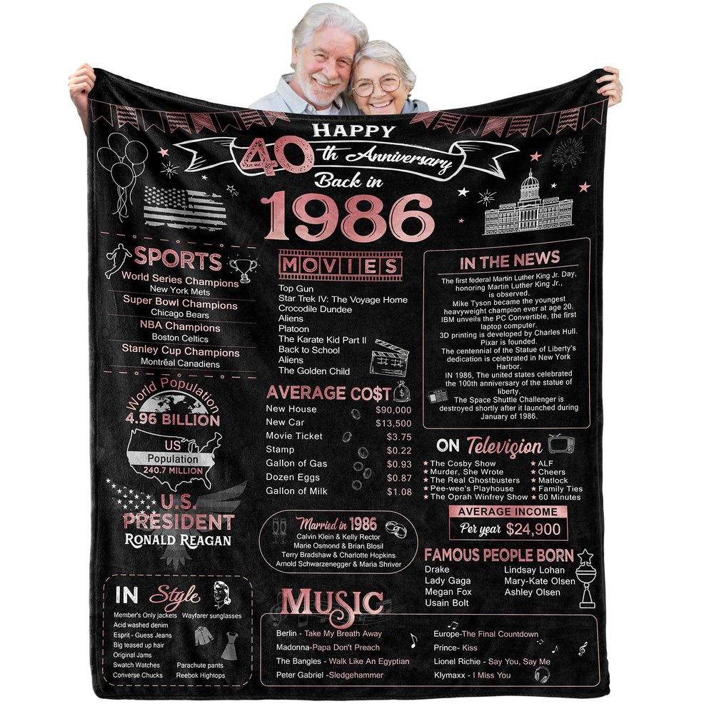 aisdfhsa 40th Anniversary Blanket Gifts Gift for 40th Wedding Anniversary Ruby Wedding Forty Years of Marriage Gifts for Couple Wife Husband Dad Mom Parents Back in 1986 Throw Blanket 60Lx50W Inch