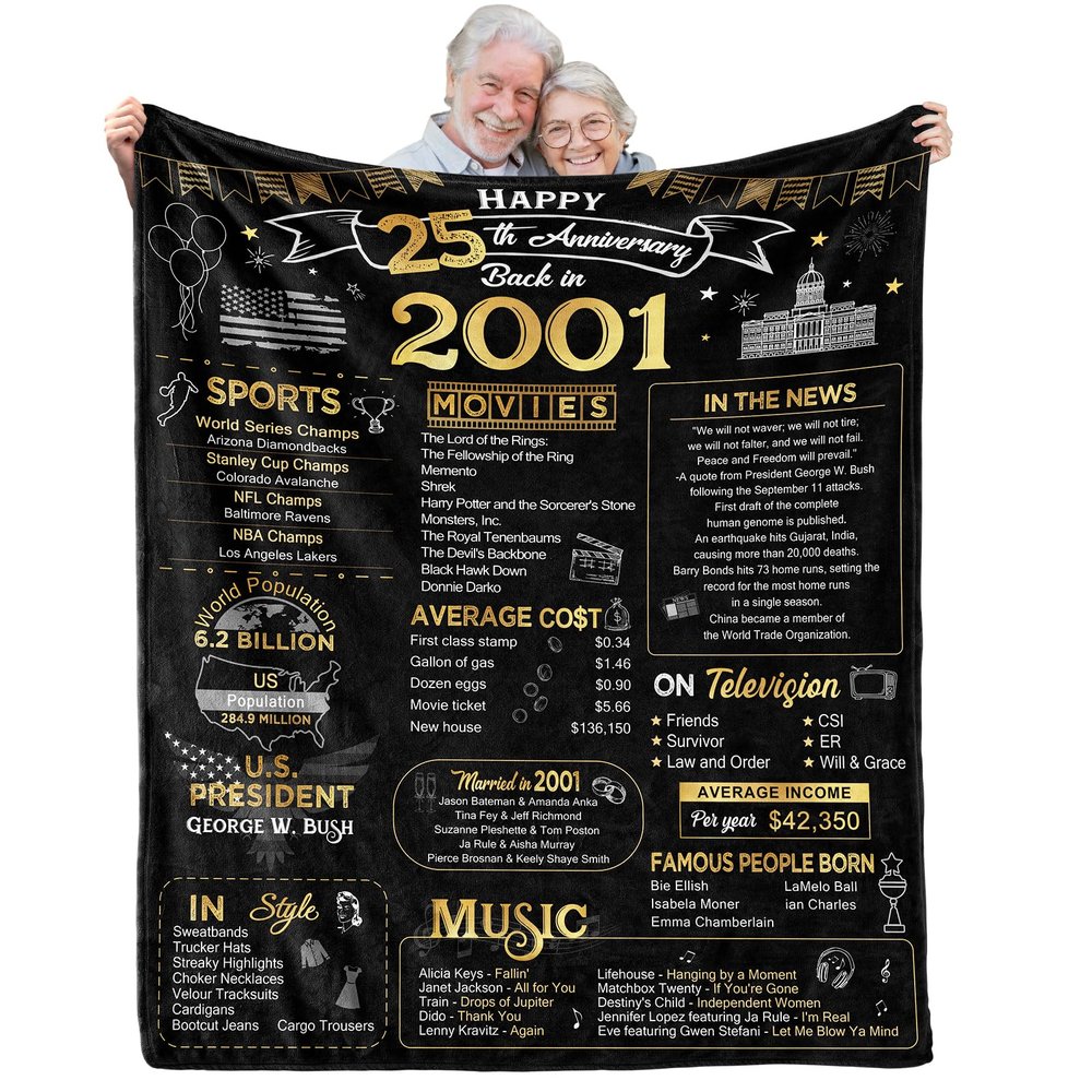 aisdfhsa 25th Anniversary Blanket Gifts Gift for 25th Silver Wedding Anniversary 25 Years of Marriage Gifts for Couple Wife Husband Dad Mom Parents Back in 2001 Throw Blanket 60Lx50W Inch