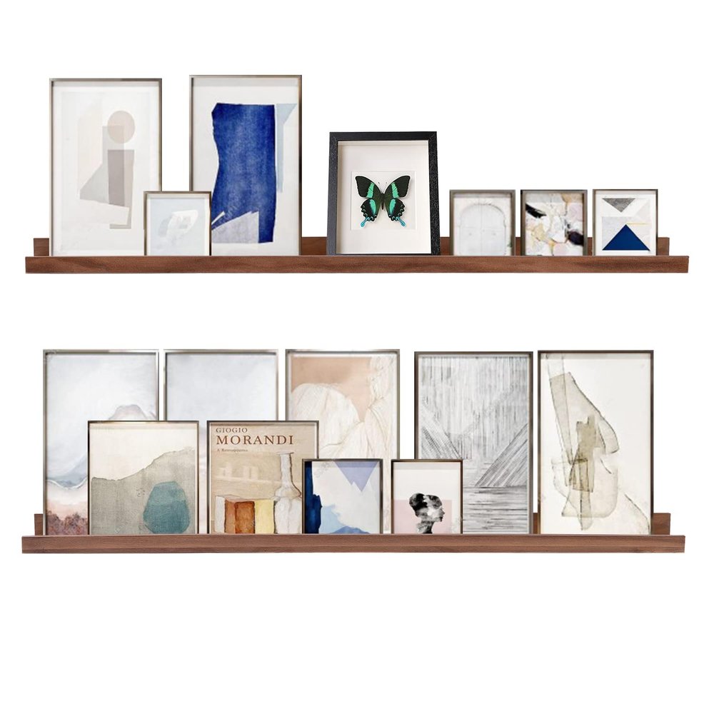 AZSKY 48 Inch Floating Wall Ledge Bookshelf Light Walnut Kids Book Trophy and Family Picture Photo Frames Display Shelves Wall Mounted a Set of 2