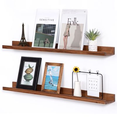 AZSKY Light Walnut Color Wood Wall Floating Shelves for Wall 36 Inch Bookshelf Wall Mount Picture Photo Frames Display Rack with Ledge Decorative Storage Shelves a Set of 2