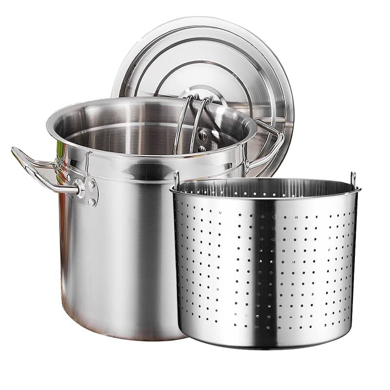 27QT/45QT/63QT Stock Pot with Lid Strainer Basket - Stainess Steel All Purpose Boiling Pot Stockpot Frying Barrel Cookware for Fried Chicken Crawfish Clam,40x40cm