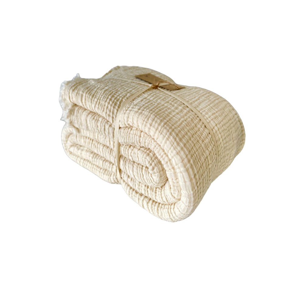 BONPERLA 100% Cotton Muslin Blanket, 4 Layers Bedspread, Soft Turkish Cotton Muslin Bed Cover, Reversible Coverlet, Natural Cream (Full/Queen Size 91x95-230x240cm)