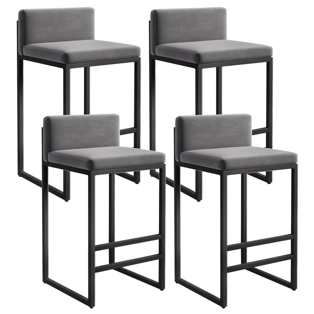 Lsoiup Counter Height Bar Stools Set of 4 Velvet Upholstered Counter Stools Modern Island Chairs with Low Back for Kitchen Island Grey + Black Sitting Height 65cm