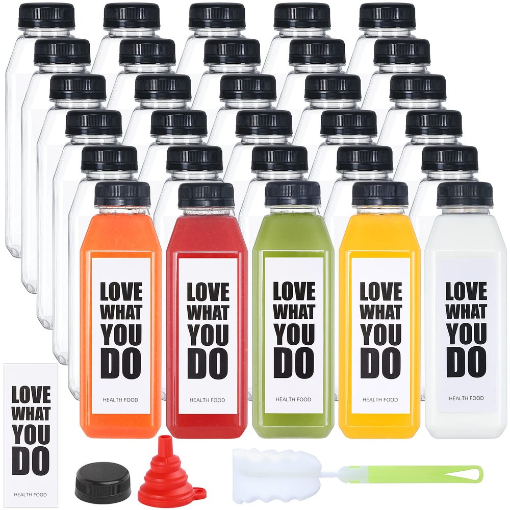 Fhxtcygj Juice Container with Lids, 16oz Plastic Bottles with Caps, 30pcs Empty Plastic Juice Bottles Reusable Clear Bulk Beverage Containers with Tamper Evident Cap for Milk, Smoothie, Drinks