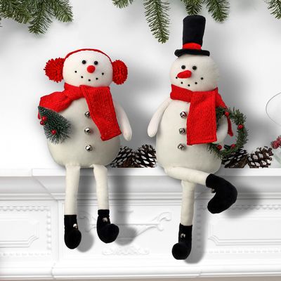 18-21" Fabric Sitting Snowman W/hat/Muffs Set of 2 White Polyester