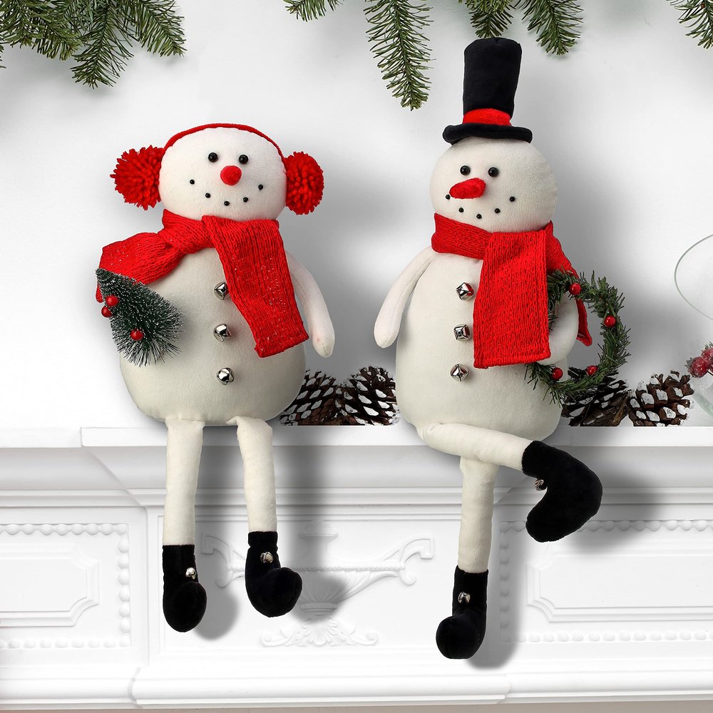 18-21" Fabric Sitting Snowman W/hat/Muffs Set of 2 White Polyester