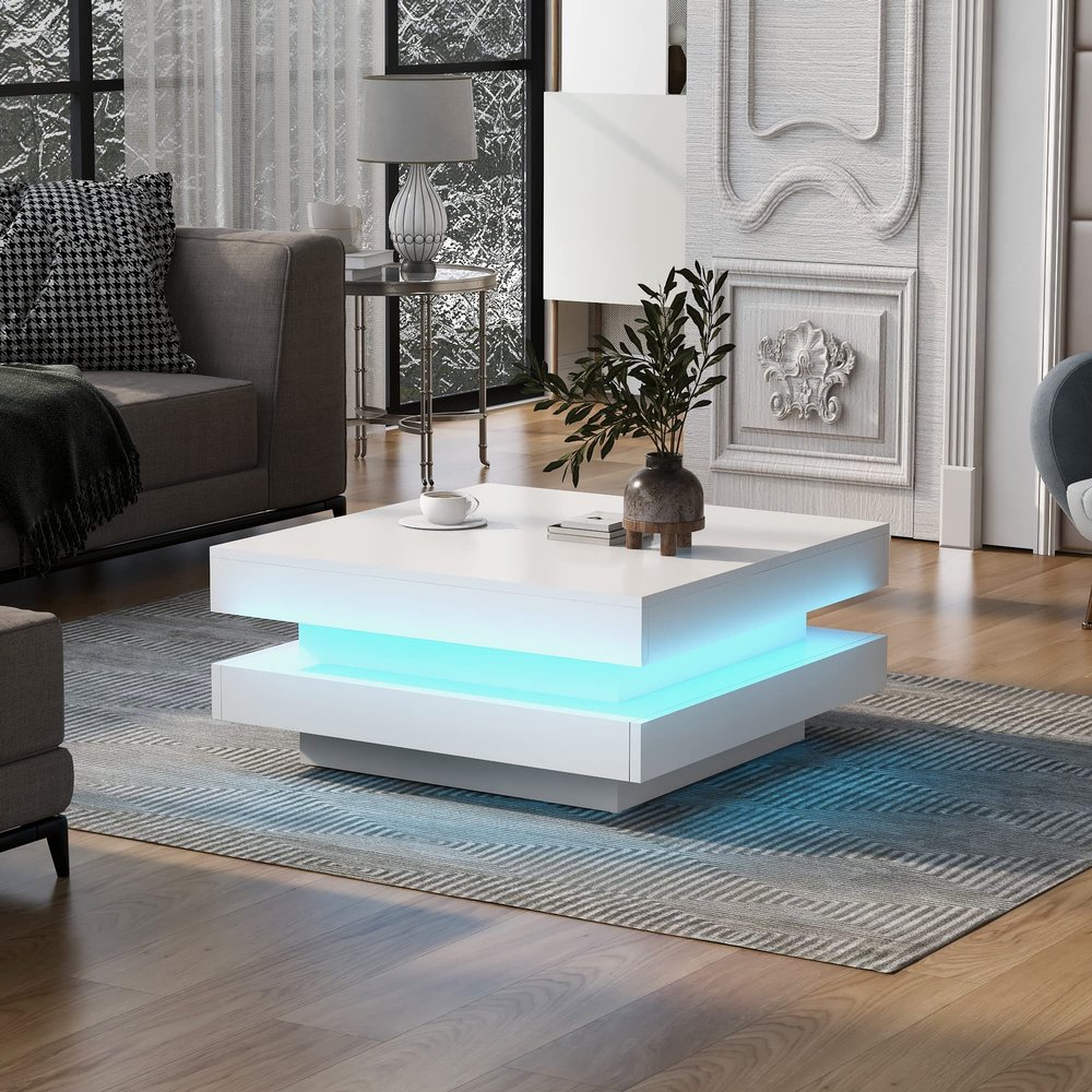 2-Tier Square Coffee Table, Modern High Gloss Center Table with Plug-in 16-Color LED Lights, Led Lighting Coffee Table for Living Room