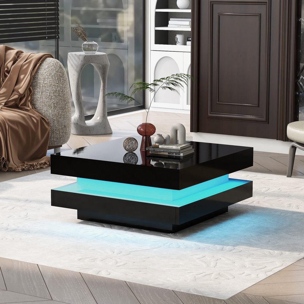 2-Tier Square Coffee Table, Modern High Gloss Center Table with Plug-in 16-Color LED Lights, Led Lighting Coffee Table for Living Room