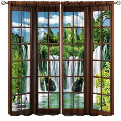 Spring Landscape Blackout Curtains,Green Forest Waterfall Bird Animal Print Curtains Bedroom Living Room Home Decoration 42x45 Inch