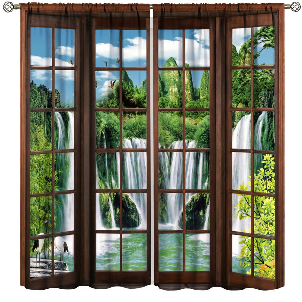 Spring Landscape Blackout Curtains,Green Forest Waterfall Bird Animal Print Curtains Bedroom Living Room Home Decoration 42x45 Inch