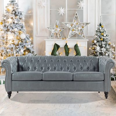 Vaztrlus Couches for Living Room Chesterfield Sofa Tufted Faux Leather 84" Rolled Arm 3-Seater Couch Deep Button Nailhead Upholstered Couch High-End Furniture Easy to Assemble (Gray)