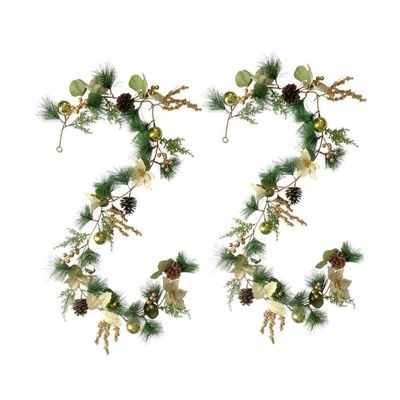 2 Pack Christmas Garland, 5.74 ft Artificial Garland with Pine Cones Gold Balls, Fireplace Flexible Decor for Winter Christmas Holiday New Year Decor
