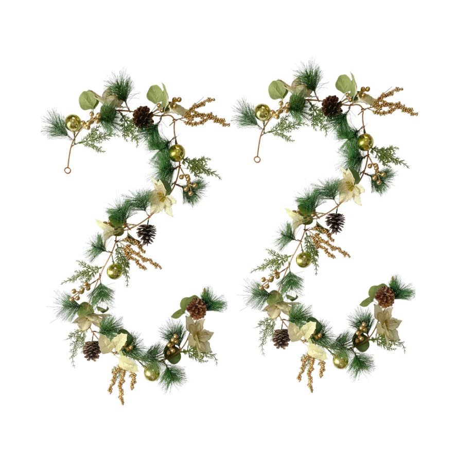 2 Pack Christmas Garland, 5.74 ft Artificial Garland with Pine Cones Gold Balls, Fireplace Flexible Decor for Winter Christmas Holiday New Year Decor