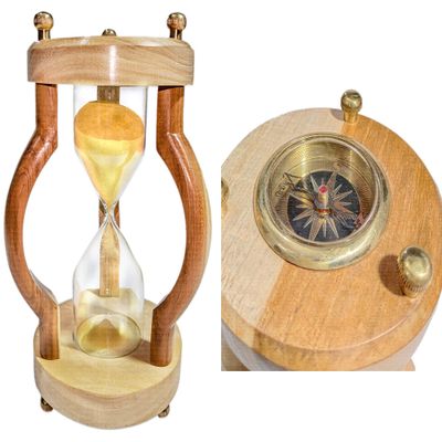 A.A.Nauticals - Wooden Sand Clock 10 Min Hourglass Timer with Compass(Round Base, Yellow)- Wooden Home & Office Decoration, Table Centrepiece - AANST23