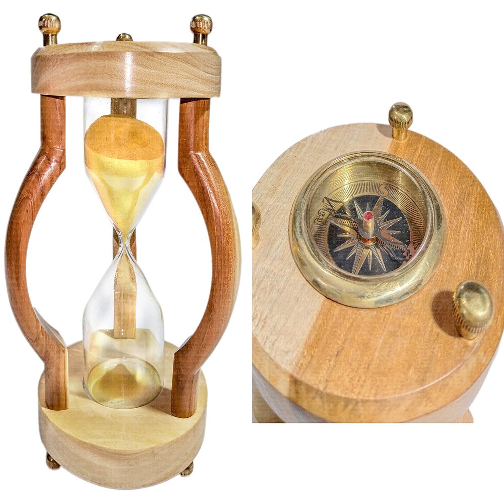 A.A.Nauticals - Wooden Sand Clock 10 Min Hourglass Timer with Compass(Round Base, Yellow)- Wooden Home & Office Decoration, Table Centrepiece - AANST23