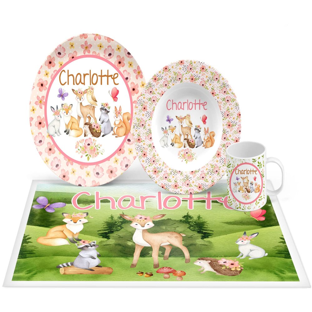 Personalized Woodland Animals Plate Set, Bowl, Placemat, Mug, Mealtime, Dinner, Dinnerware - Choose Your Pieces