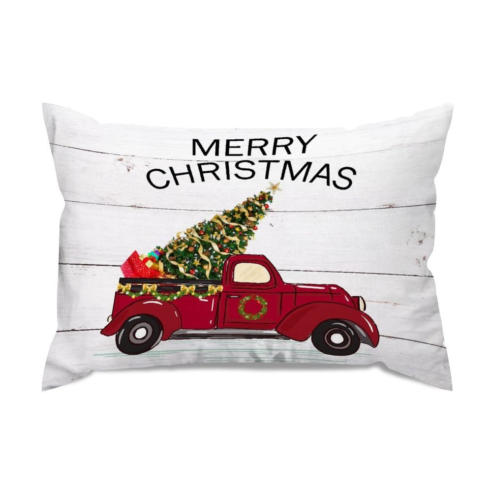 Christmas Tree on Rustic Wood Boards Lumbar Throw Pillow Covers Cases Holidays Merry Christmas Red Truck Decorative Rectangular Cushion Case for Couch Bedroom Car 20x30in