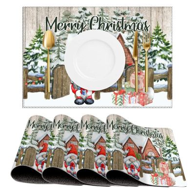 Barnwood Xmas Tree Santa Gnome Placemats Set of 4 Merry Christmas Red Truck Canvas Table Mats Decoration for Dining Kitchen Farmhouse 12x18 Inch Washable Heat-Resistant Mats