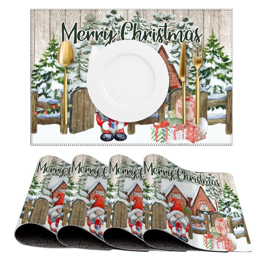 Barnwood Xmas Tree Santa Gnome Placemats Set of 4 Merry Christmas Red Truck Canvas Table Mats Decoration for Dining Kitchen Farmhouse 12x18 Inch Washable Heat-Resistant Mats